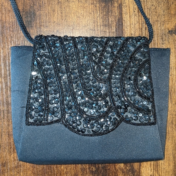 Vintage Evening Bag Mini Crossbody Sequin Black Satin - Picture 9 of 10